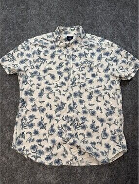 J.Crew Flex Washed Men’s Large Floral Short Sleeve Button Up Shirt Blue Cream